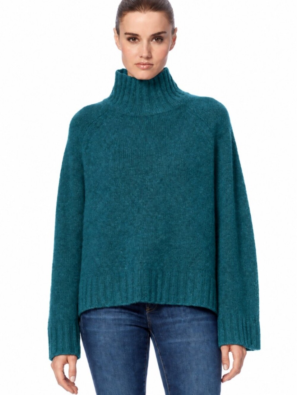 Skull Cashmere Funnel Neck Sweater Ribbed Trim Wide Sleeve